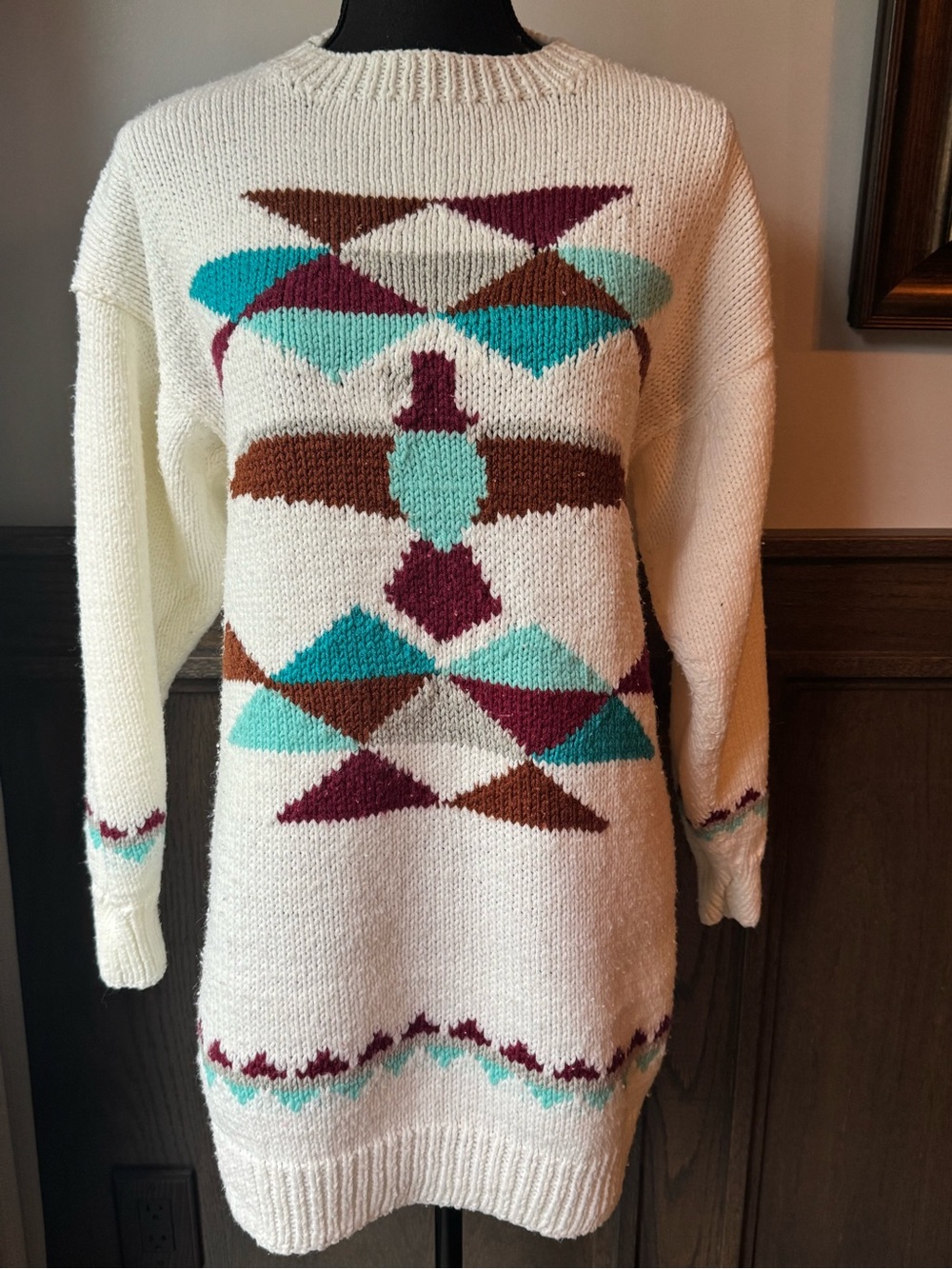 Handmade Cream Geometric Pattern Knit Sweater Dress 22” pit to pit